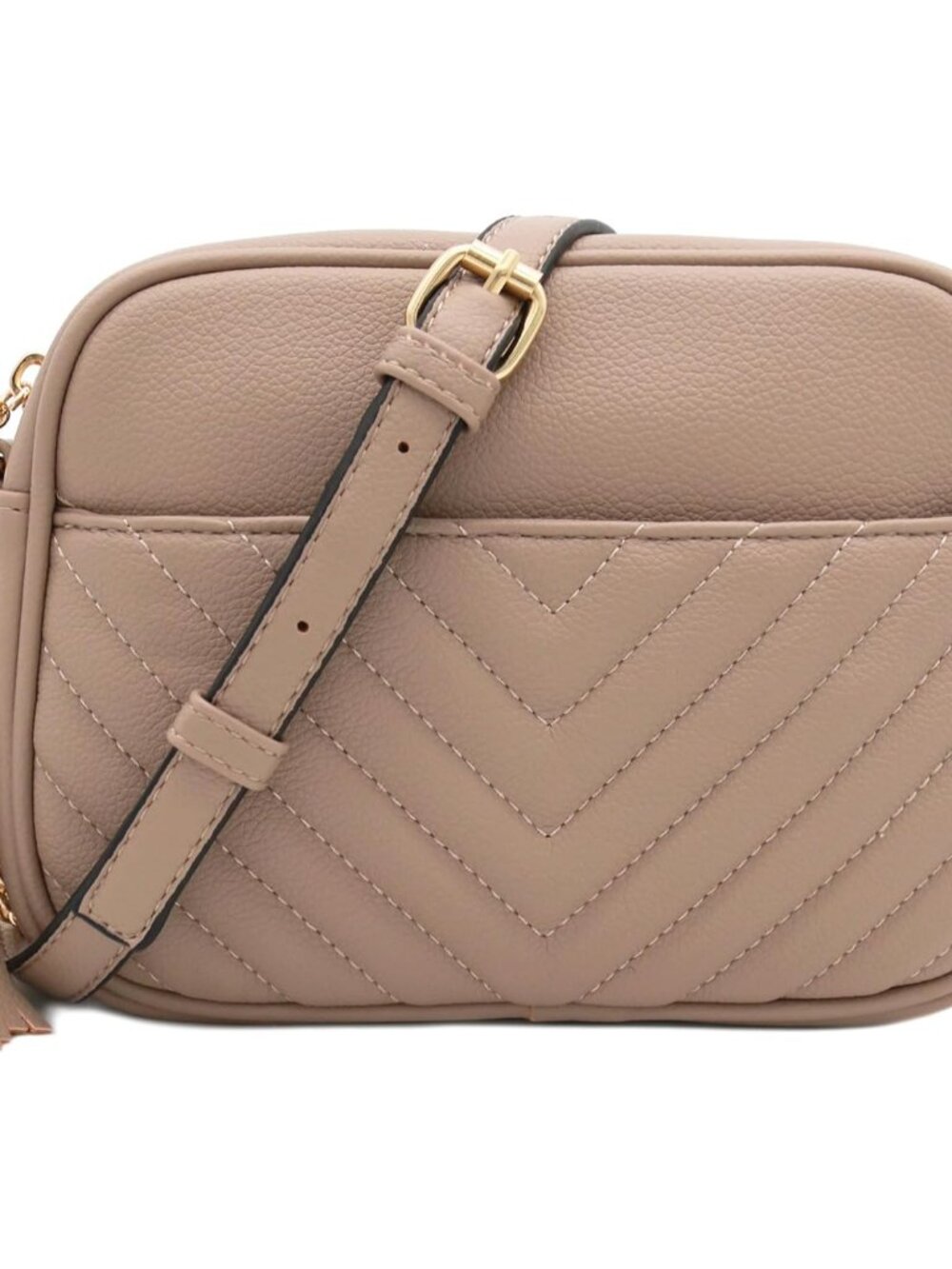 Chevron Quilted Crossbody Camera Bag with Chain Strap and Tassel